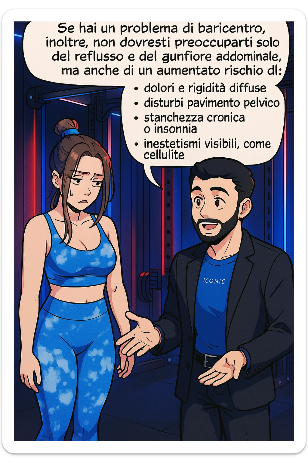 TRASFORMA QUESTO CAROSELLO IN UN FUMETTO STILE WEBTOON/MANGA A COLORI CON QUESTE DUE PERSONE IDENTICHE CHE INTERLOQUISCONO TRA LORO, L'uomo sta spiegando alla donna questo concetto:

Se hai un problema di baricentro, inoltre, non dovresti preoccuparti solo del reflusso e del gonfiore addominale, ma anche di un aumentato rischio di:
    • dolori e rigidità diffuse
    • disturbi pavimento pelvico
    • stanchezza cronica o insonnia
    • inestetismi visibili, come celluluite
    • etc… sticker