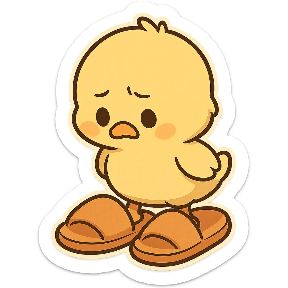 A goose yellow chick, wearing a pair of super large slippers, looks down at the shoes with a puzzled expression sticker
