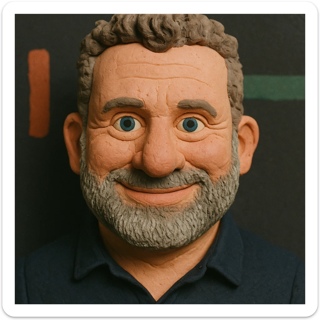 Claymation portrait of the user's face with a slightly larger forehead, friendly and confident facial expression, background in anthracite color, alternative color accents. sticker