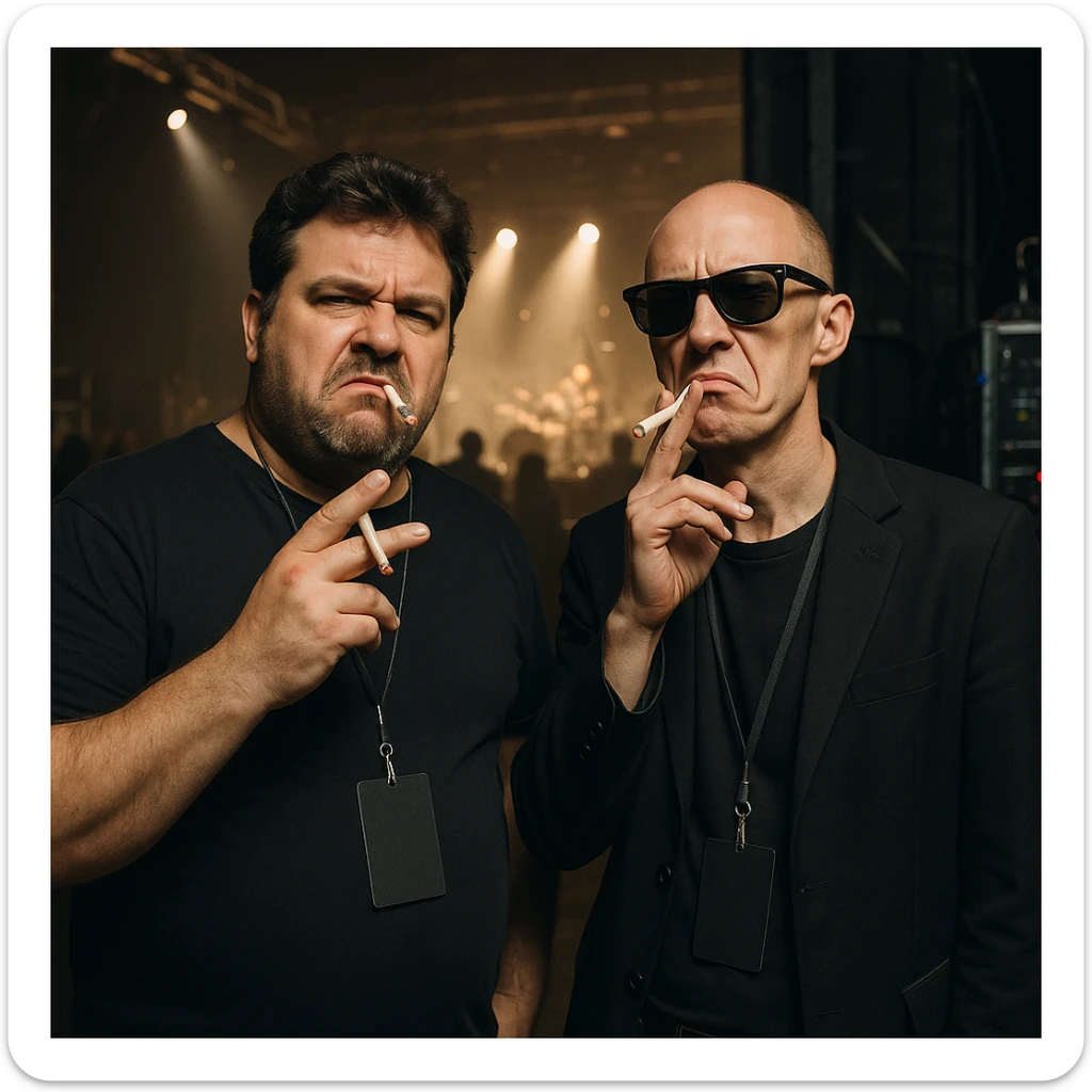 Par de personas que trabajan en la industria musical (hombre robusto de 40 años y otro hombre flaco calvo y con lentes de sol), parados conversando en el backstage de un concierto, con aires de superioridad, mientras se fuman un cigarro, mientras miran a la cámara (músico) de forma despectiva y burlona sticker