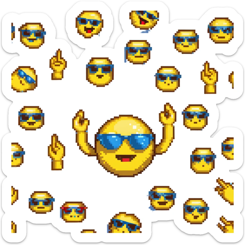 yellow emoji with sunglasses, hands up, fingers rubbing together, huge smile, shiny grills sticker