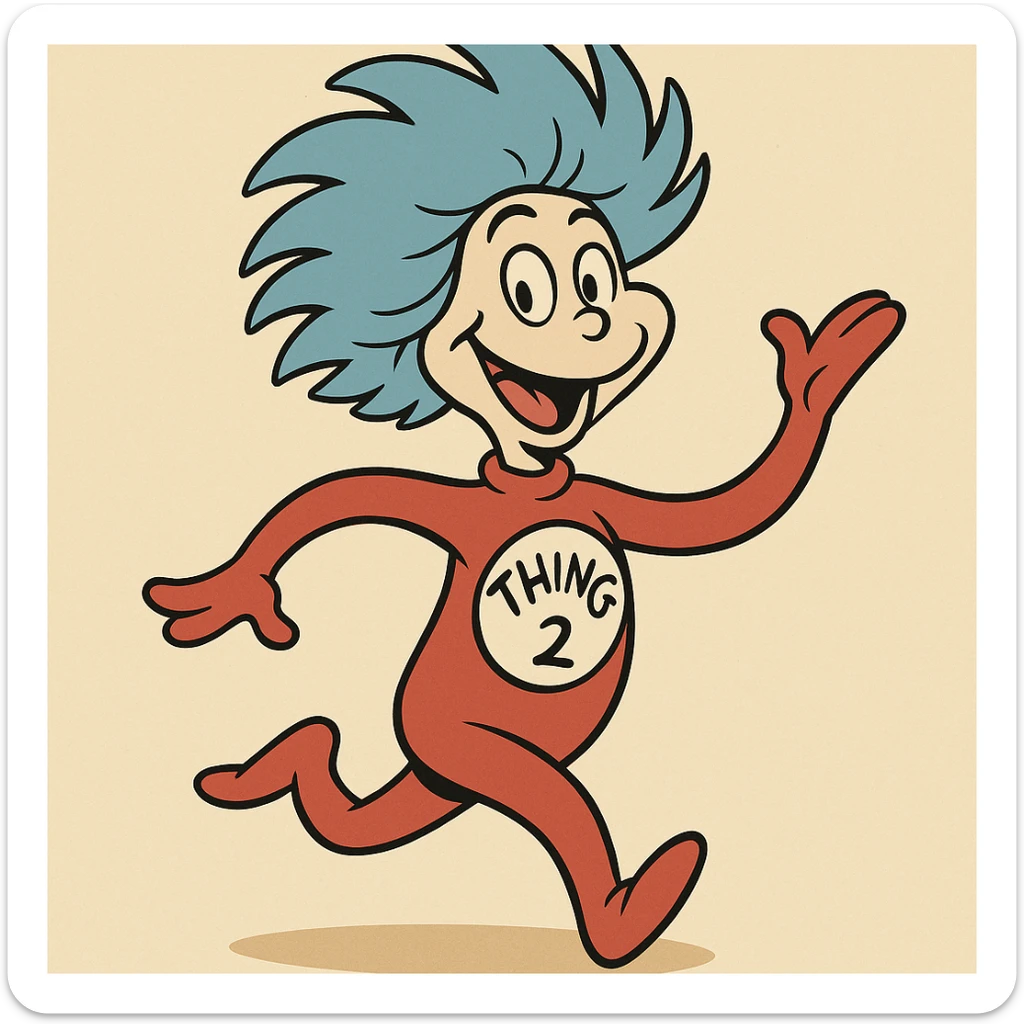 Thing Two from Dr. Seuss, playful, blue hair, red suit, white circle with 'Thing 2' text, cartoon style sticker