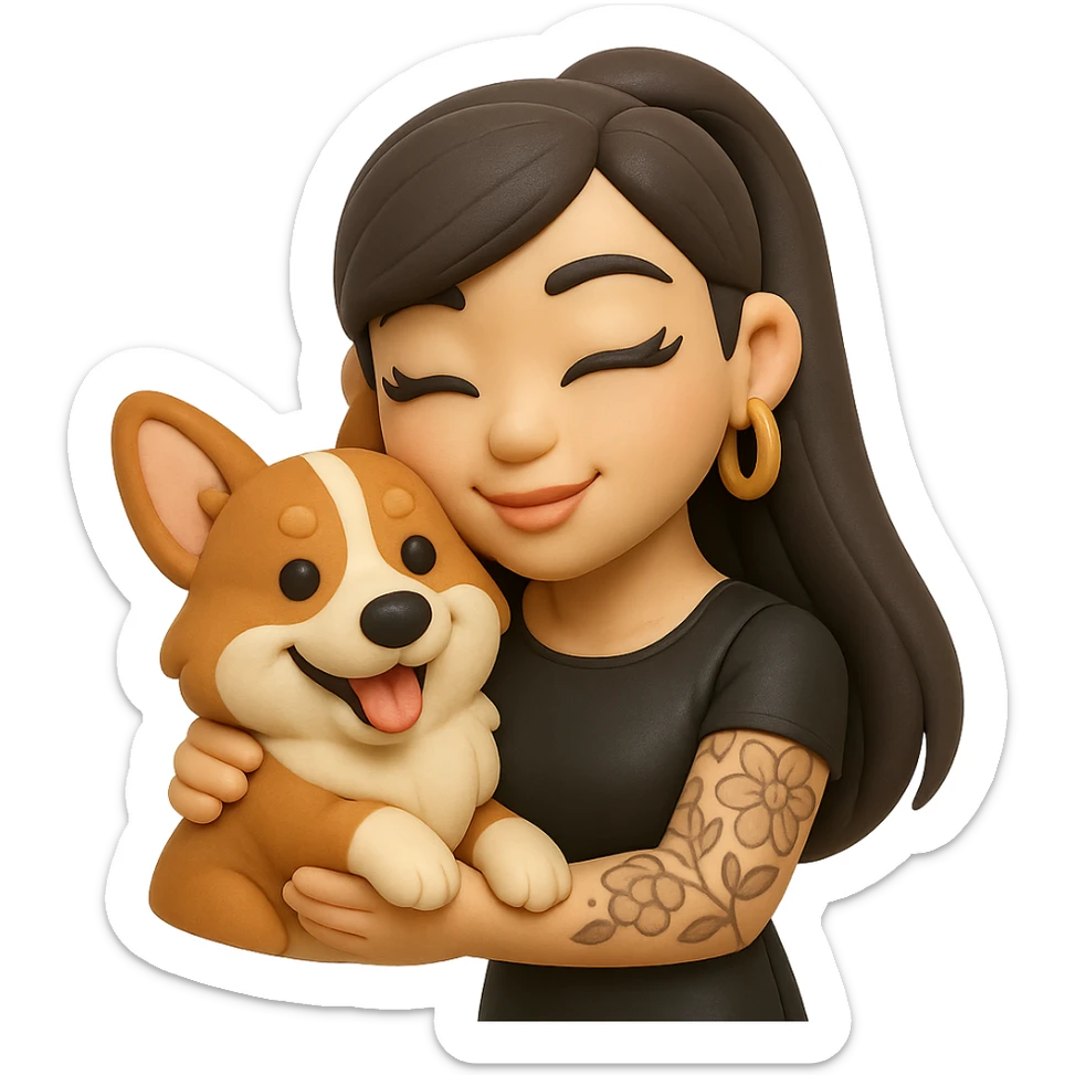 fondant cake art style emoji of an Asian girl with long hair in a ponytail, deep side bangs, black leather dress, gold hoop earrings, dramatic false lashes, and a floral 3/4 sleeve tattoo on her left arm, hugging a smiling red head tri-color corgi, simplified, emoji-like sticker