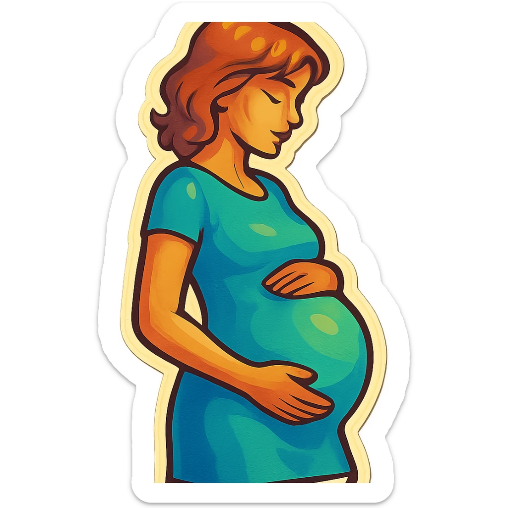 pregnant woman half-length portrait, in short dress, standing sideways, holding belly, face and head fully in frame, retro stickers style, soft rounded shapes, expressive contours, vintage color palette, light paper texture, shadows and highlights, transparent background sticker