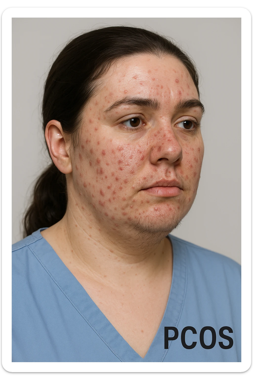 realistic 3D medical style image of a woman with PCOS, acne on face and hair under chin, clinical details, neutral background, 2:3 aspect ratio sticker