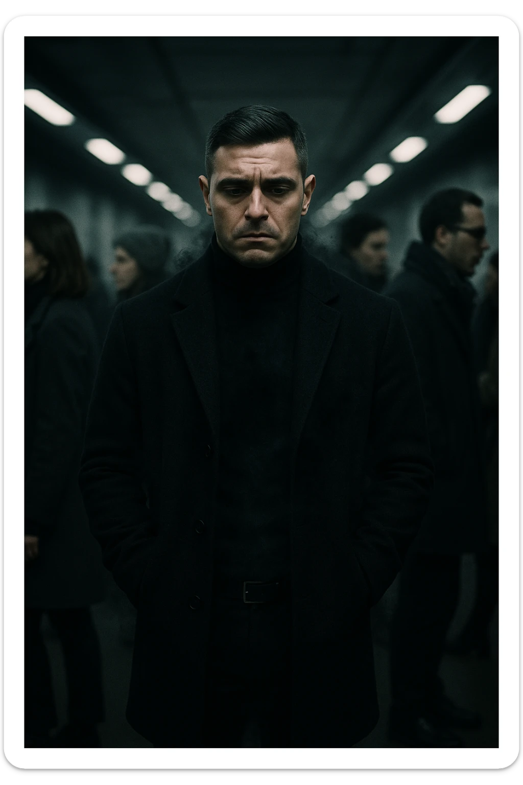 A cinematic shot of a man in his early 30s standing still in the middle of a crowded urban environment — perhaps a subway platform or office hallway — surrounded by blurred, cold-looking people facing away from him or speaking among themselves, ignoring him completely. The man has a heavy, emotionally drained expression, shoulders slightly slouched, hands in his coat pockets. He stands out in sharp focus while the others are dimly lit, grey-toned, and in motion blur. The lighting is harsh and cool, with strong shadows and low saturation to emphasize emotional isolation. A subtle dark aura or mist lingers around the man’s body, visually conveying the weight of negativity and emotional pressure. Shot in 35mm cinematic style, high realism, with a desaturated color palette and shallow depth of field sticker