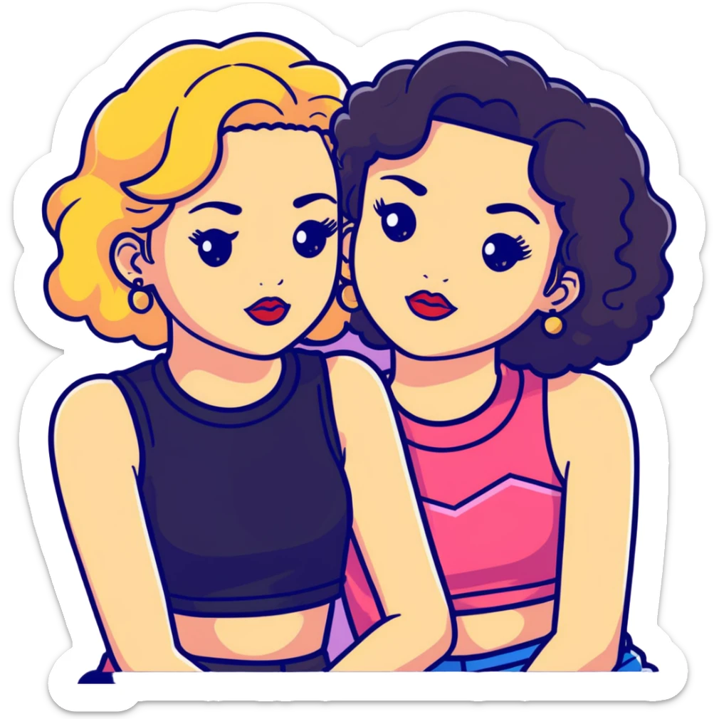 Full body of two teenage girls sitting together, one white with straight blonde hair and one brown-skinned with curly black hair, both with heavy makeup, big lips, crop tops, gold jewelry and flashy choni style outfits sticker