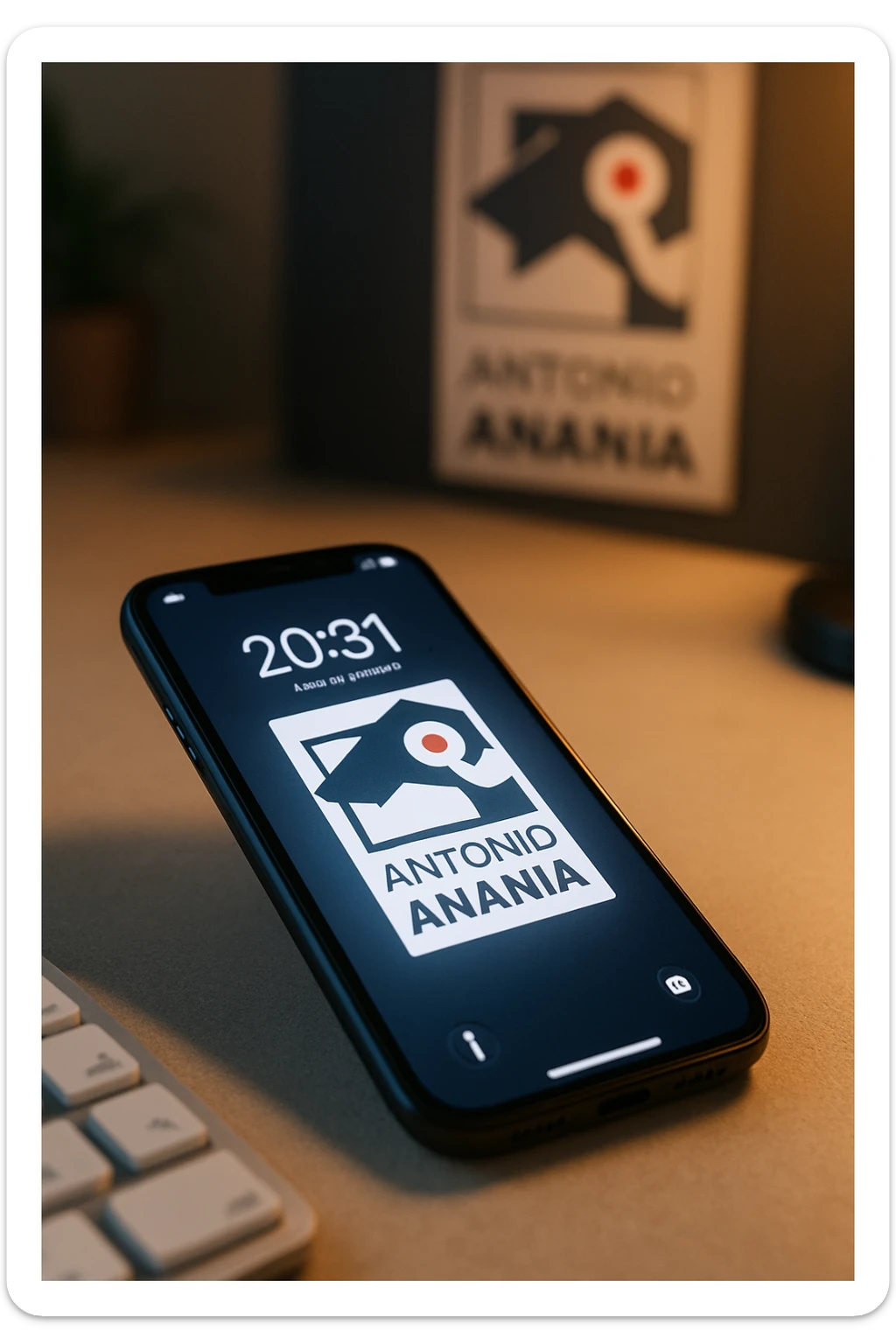 A photo of an iPhone with the message "Antonio Anania" on its screen, The phone sits atop a desk with a blurred background that suggests work environment. A faint glow from above casts gentle shadows across the surface of each object, creating depth and highlighting their textures. sticker