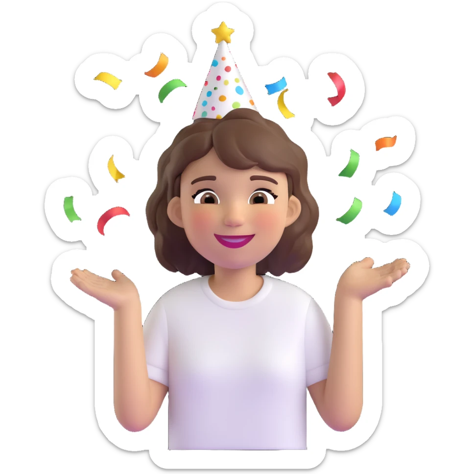 3D emoji style character with short tousled brown hair, light skin, white shirt, festive party vibe, party hat, confetti, big smile, fun expression, fiestero emoji sticker