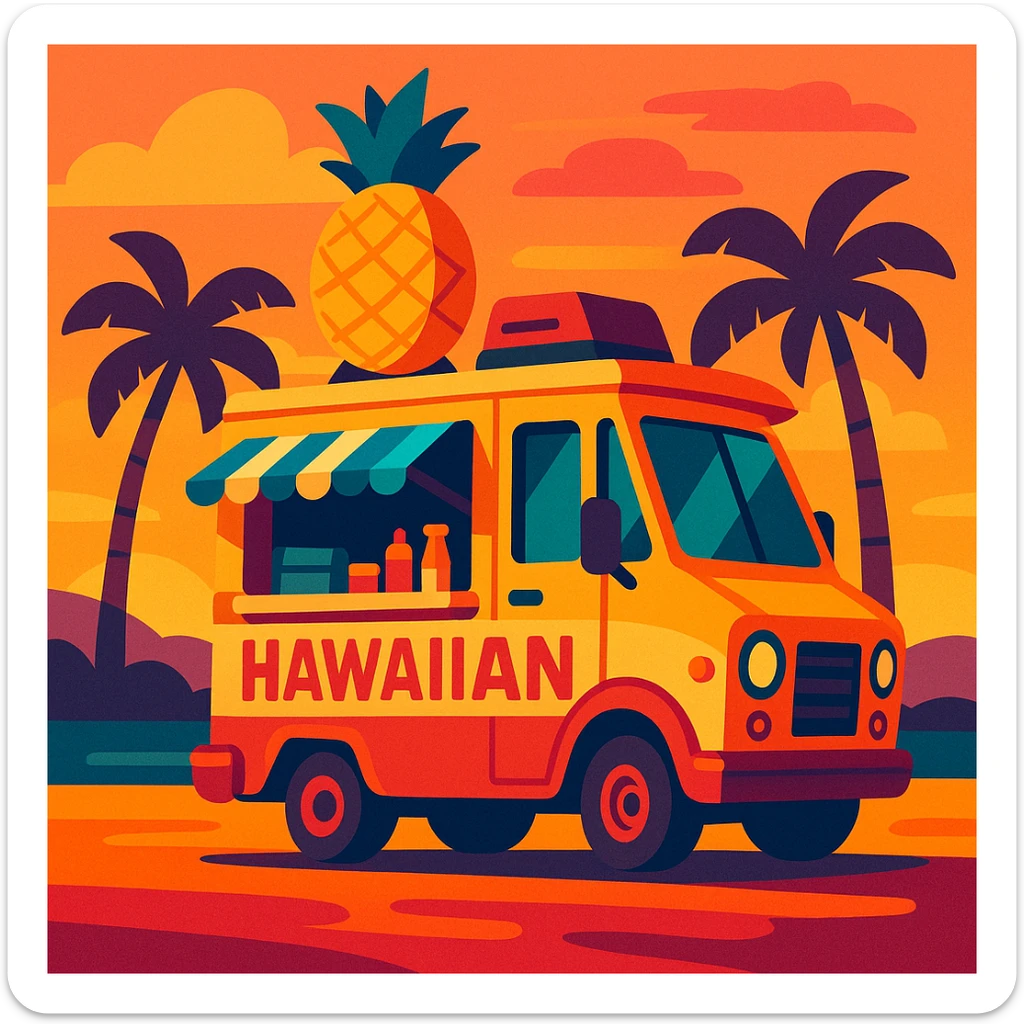 Hawaiian food truck with exaggerated features and sunset palette in vibrant toon style sticker