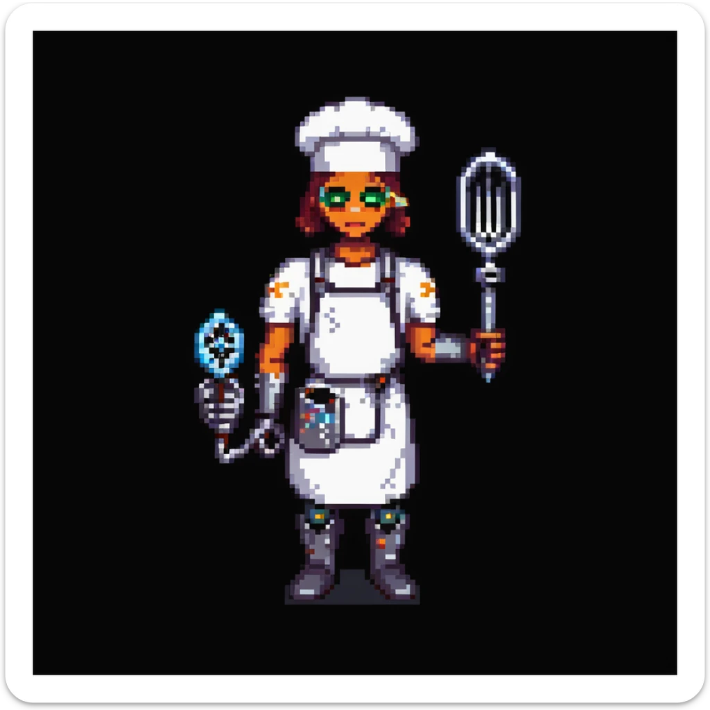 Portrait of a cyborg baker with a mechanical arm holding a whisk, glowing eyes, chrome apron, skeuomorphism style sticker