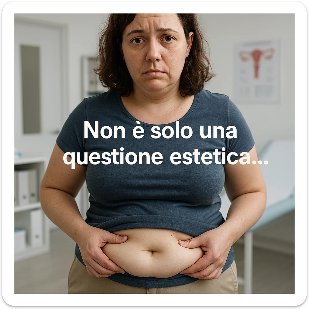 adult woman with PCOS, simple clothing, showing fat accumulation on belly, worried expression, clinical environment, Italian text: 'Non è solo una questione estetica…', realistic details, 4K quality sticker