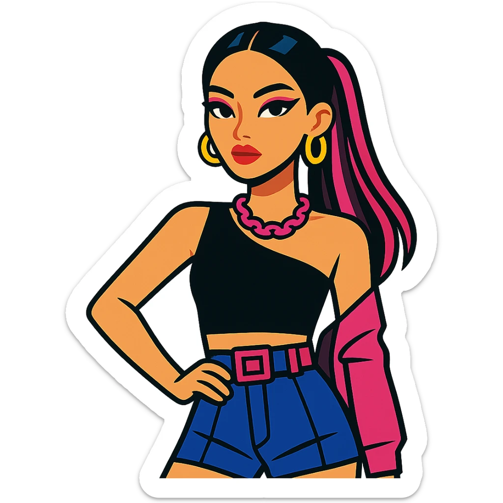 Blackpink-style K-pop avatar, bold makeup, trendy hair, fashionable outfit, confident pose sticker