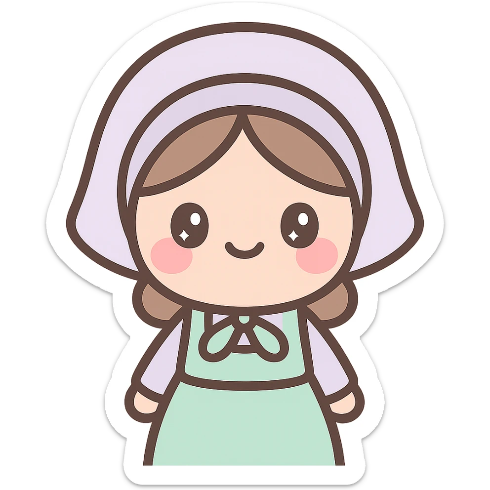 cute kawaii style emoji of an Amish girl in a bonnet and simple dress, blushing sticker