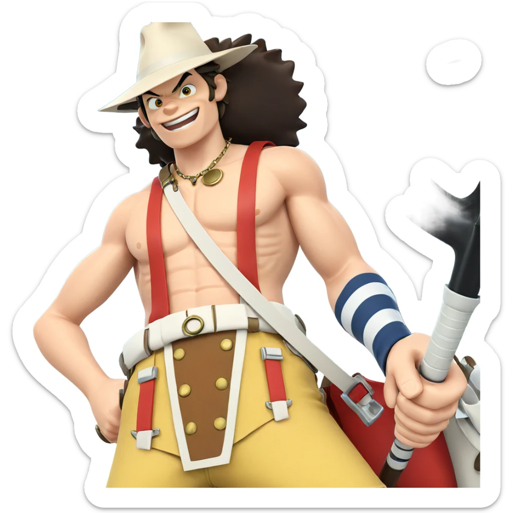 smiling boy with hat and weapon sticker