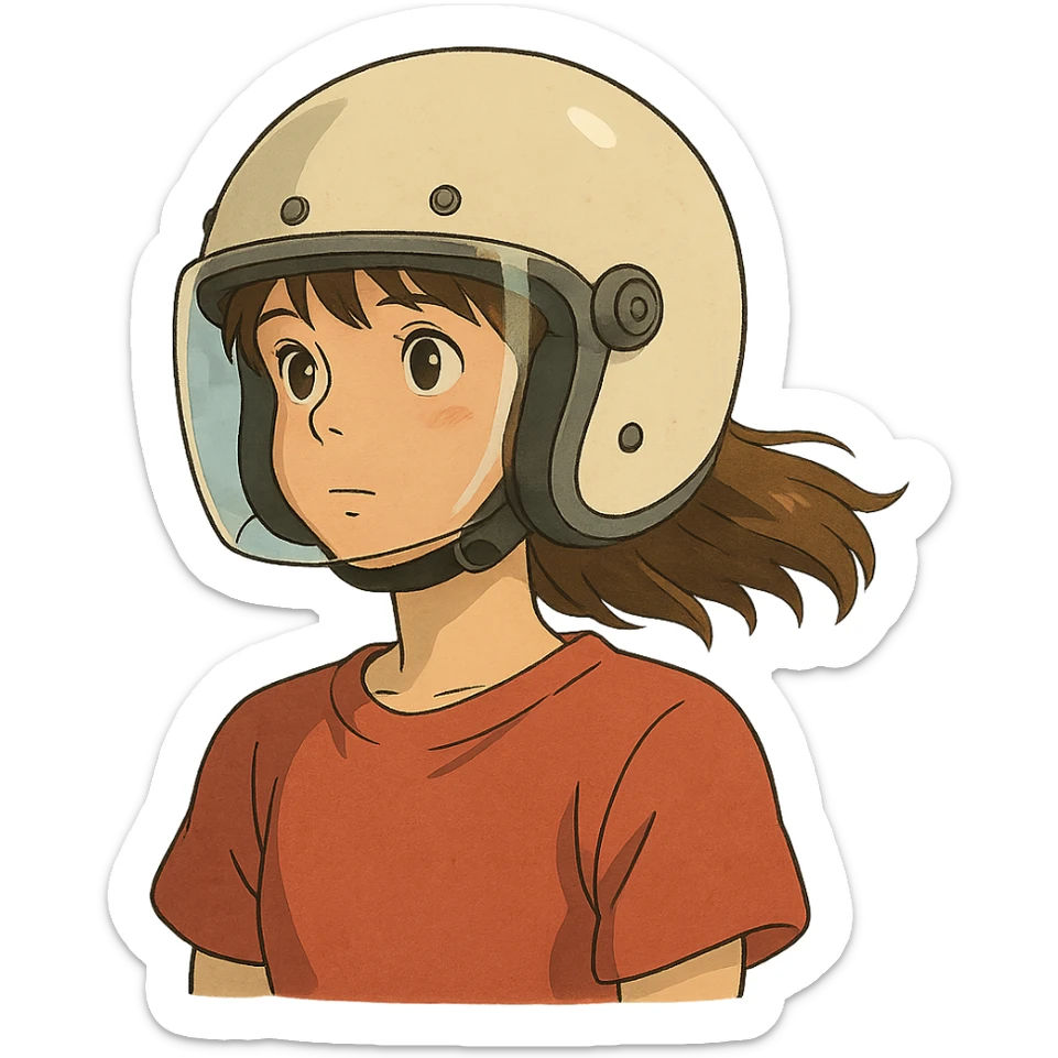 ghibli style illustration of a girl wearing a motorcycle helmet sticker