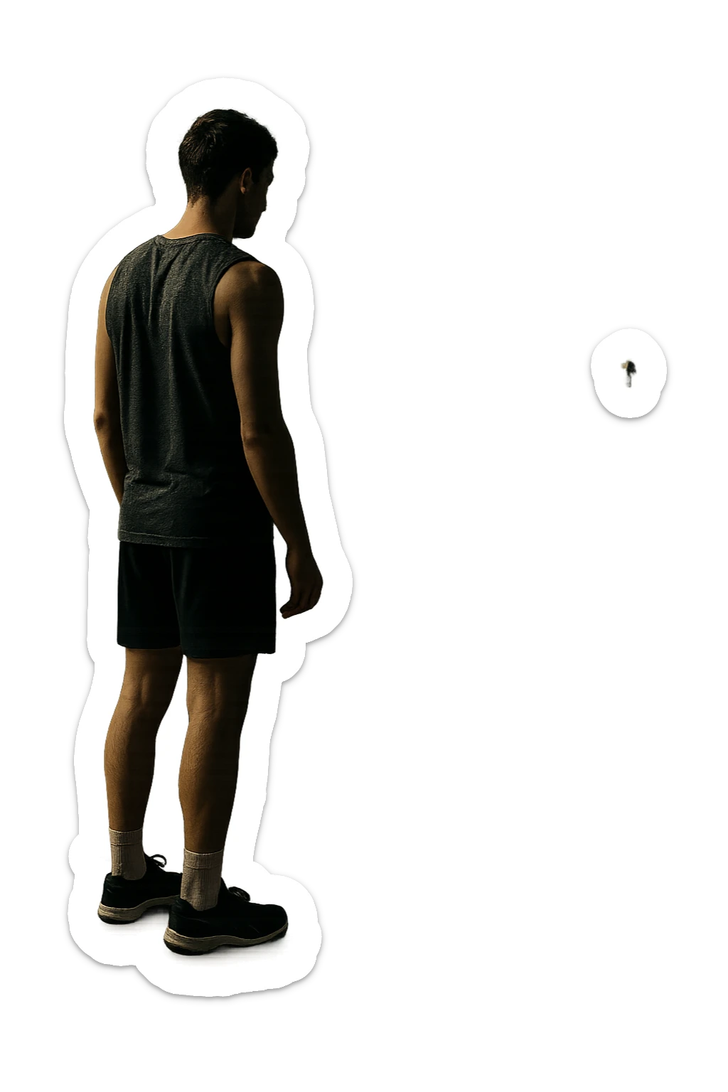 cinematic a person stands alone on a running track or in a fitness studio, glancing toward an empty coach’s chair or whistle hanging on a hook. The absence of the coach is emphasized by a faint, transparent silhouette or shadow where the coach should be. The atmosphere is quiet and a bit disheartened. in italiano sticker