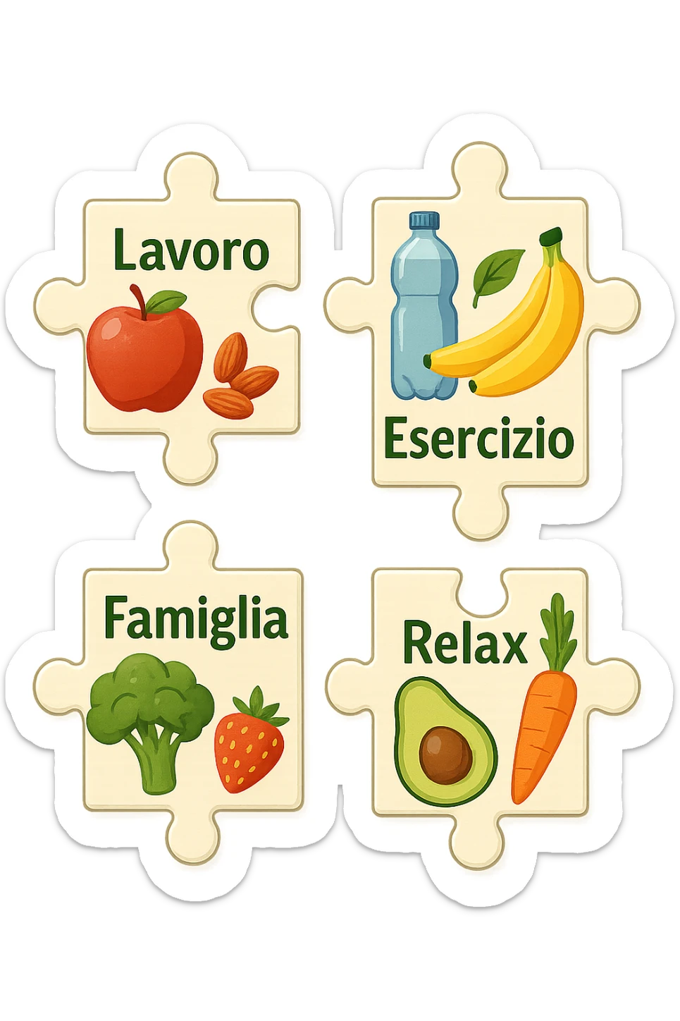 Puzzle (Lavoro, Esercizio, Famiglia, Relax), and healthy foods are integrated into each piece. in italiano sticker