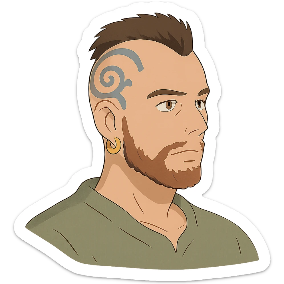 ghibli style portrait of a white man with mohawk, earring, and head tattoo sticker