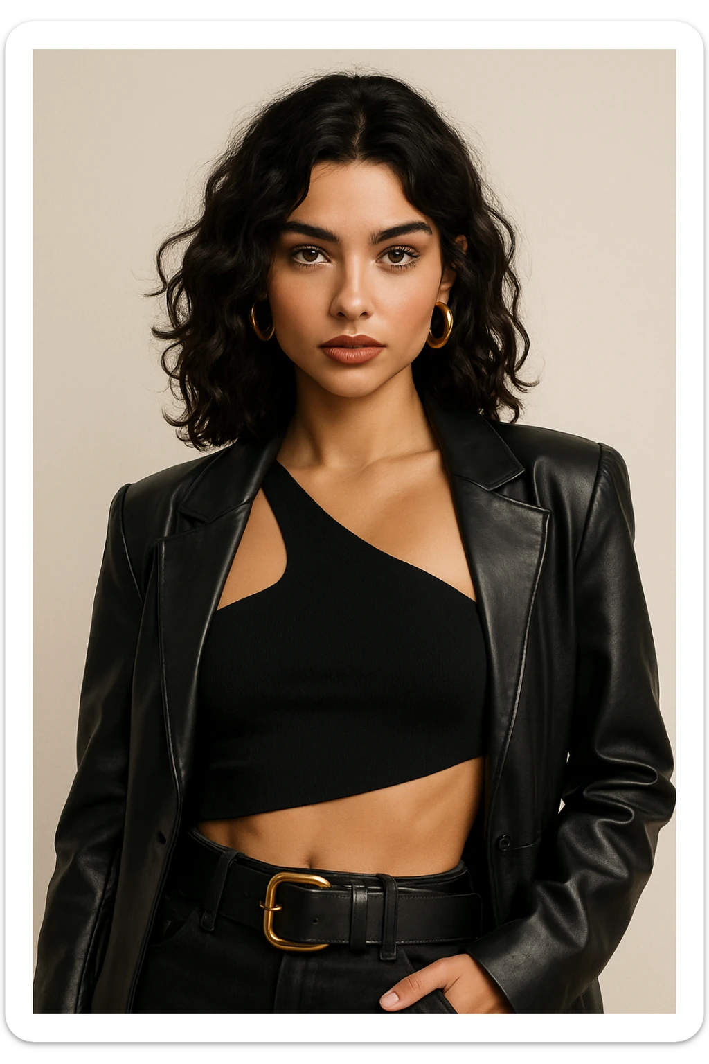 baddie with wavy dark hair, hazel eyes, small nose, hoop earrings, trendy outfit sticker