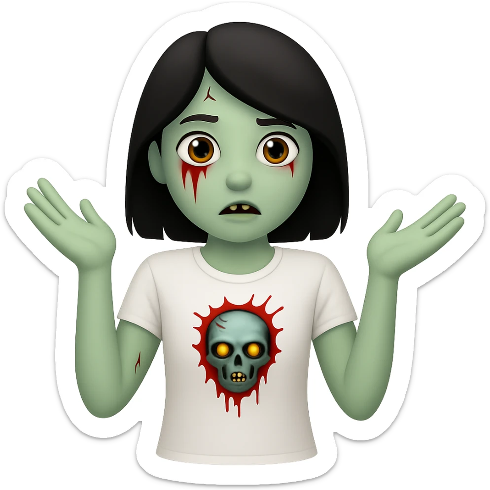 Create an image of a zombie girl with black hair wearing a white t-shirt, minimal blood, in the style of Apple emojis, with no background, in a different pose. sticker