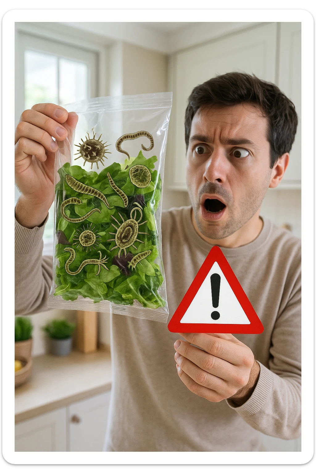 a man with a shocked expression holds a bag of salad greens up to the light. Through the clear plastic, enlarged and detailed images of various parasites and bacteria are visible among the leaves. A red warning triangle with an exclamation mark floats near the bag, emphasizing the health risk. The setting is a bright, everyday kitchen. sticker