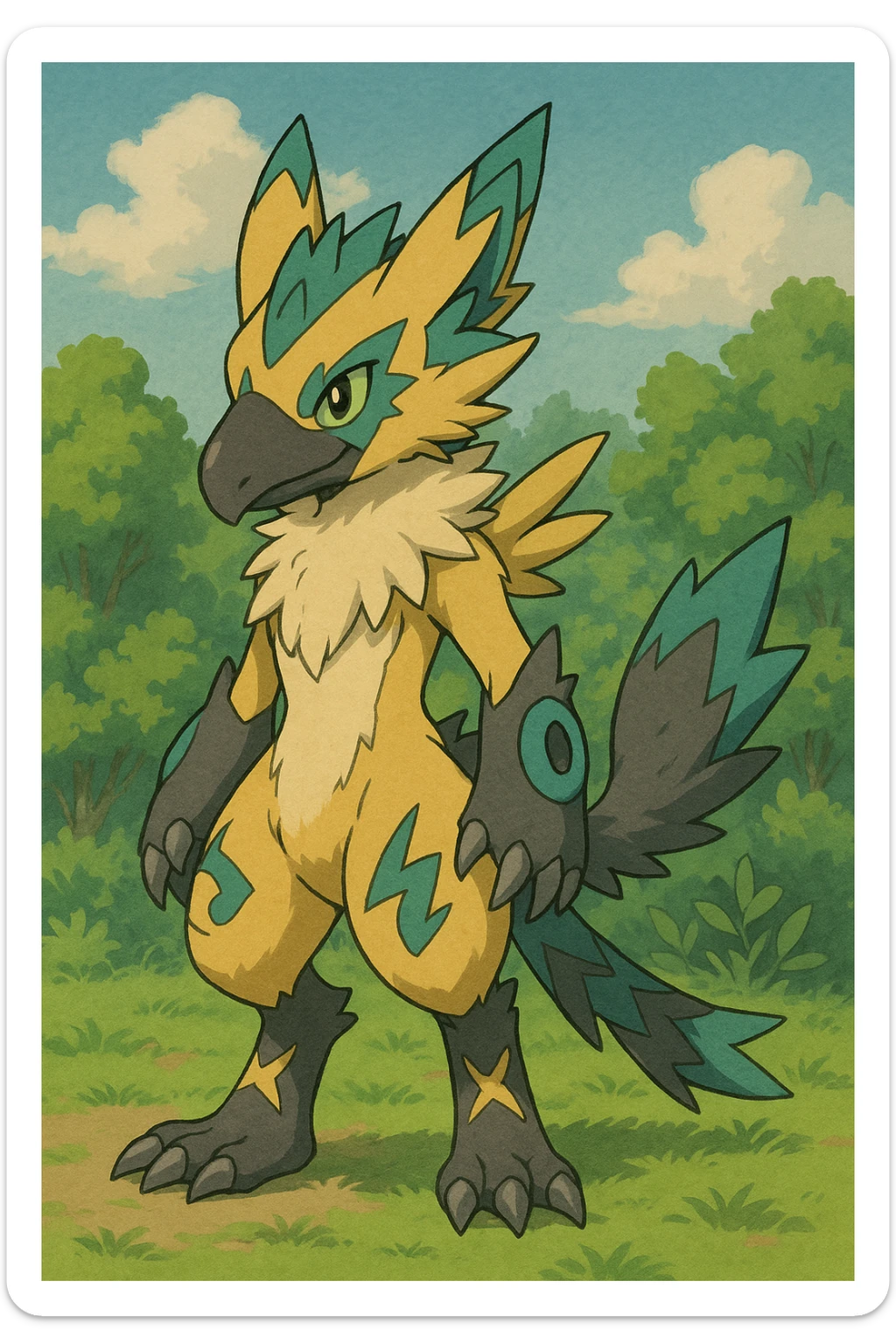 Sergal-Protogen-Trico-Renamon-Lombax-Zeraora-Vernid-fusion-hybrid-creature, drawn in a Pokémon/Digimon style sticker