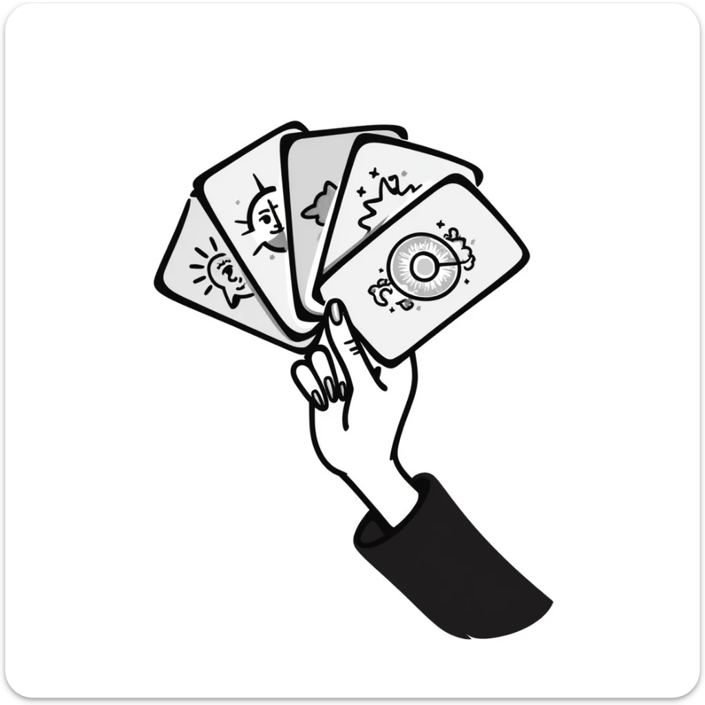 a hand holding a fan of mystical tarot cards with celestial symbols, pastel colors dd9fb0, ffc6d3, a3bfc9, c4bee2, f1b091, detailed hand-drawn doodle style sticker