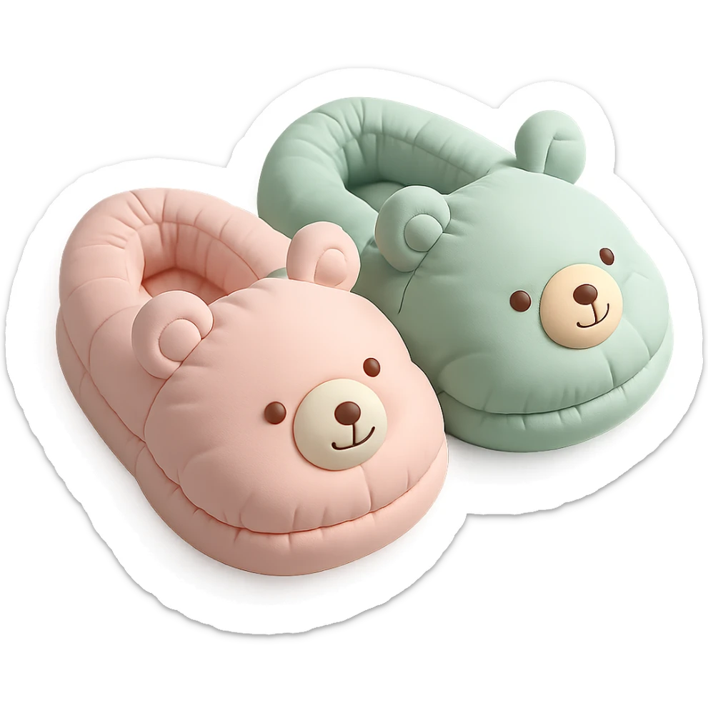 pair of cozy animal-shaped bedroom slippers in pastel colors, cushion style sticker