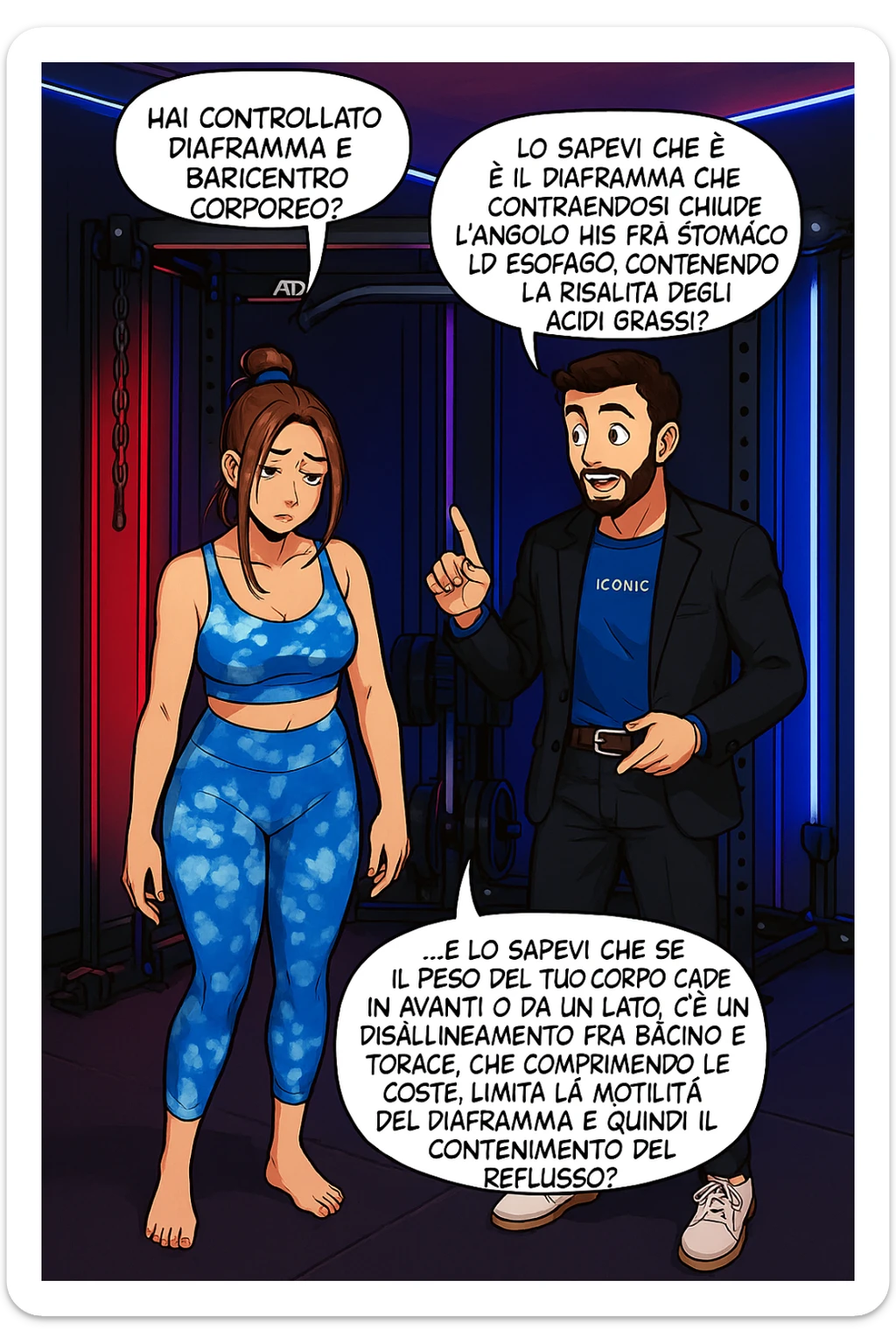 TRASFORMA QUESTO CAROSELLO IN UN FUMETTO STILE WEBTOON/MANGA A COLORI CON QUESTE DUE PERSONE IDENTICHE CHE INTERLOQUISCONO TRA LORO, L'uomo sta spiegando alla donna questo concetto:

LUI (UOMO): Hai controllato diaframma e baricentro corporeo?
LUI (UOMO): Lo sapevi che è il diaframma che contraendosi chiude l’angolo his fra stomaco ed esofago, contenendo la risalita degli acidi grassi?
LUI (UOMO): …e lo sapevi che se il peso del tuo corpo cade in avanti o da un lato, c’è un disallineamento fra bacino e torace, che comprimendo le coste, limita la motilità del diaframma e quindi il contenimento del reflusso? sticker