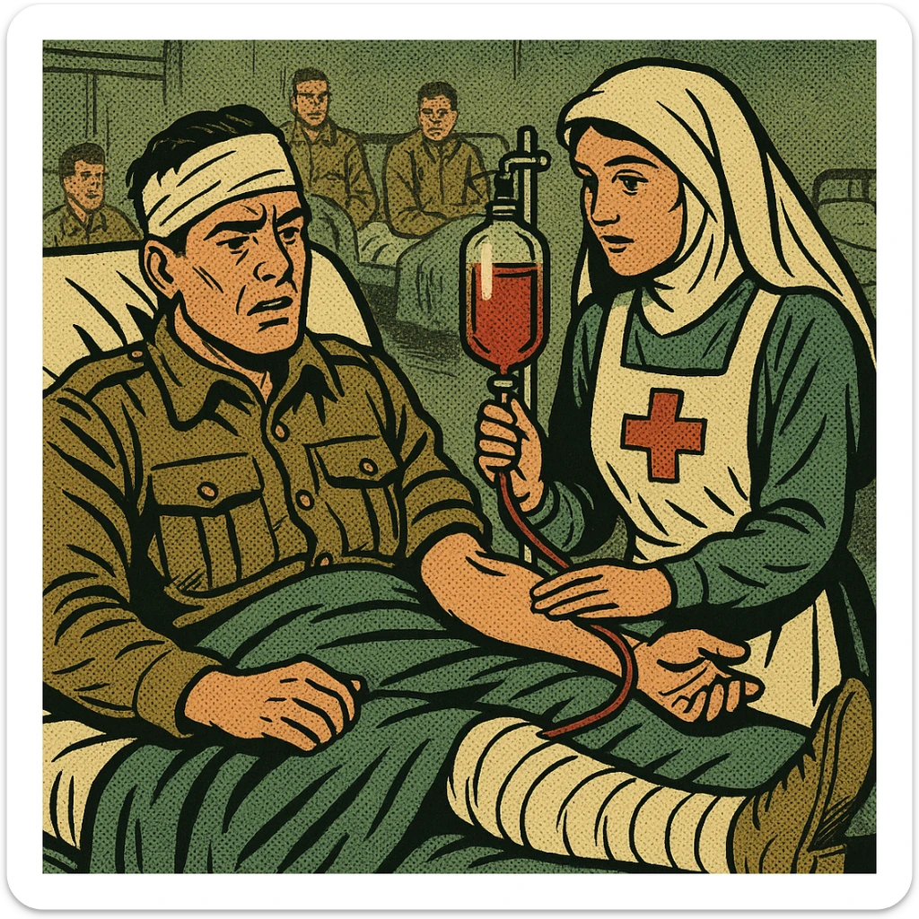 A world war one British soldier in an army hospital bed.  The soldier has a bandage around his head, with a splint on one of his legs.  He is also being given a blood transfusion from an army hospital nurse. In the background are other injured soldiers.  The main colour of the image is khaki and greens sticker