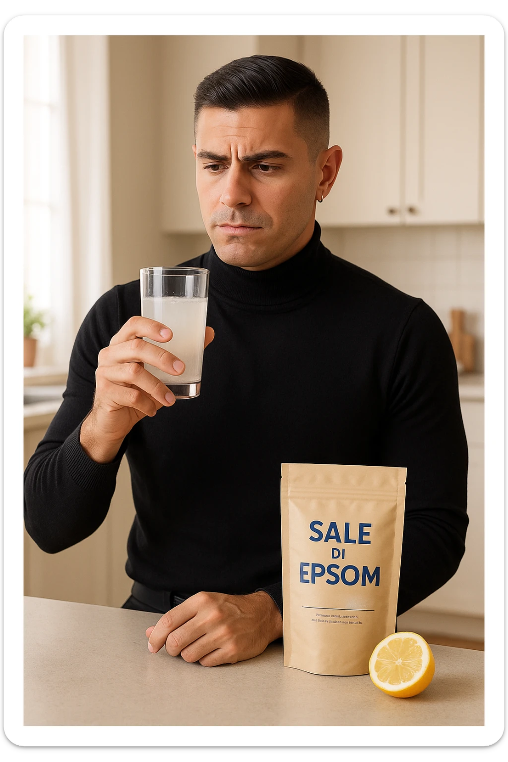 A realistic, bright photo-style image of a young man in his 30s standing in his kitchen, holding a clear glass filled with water in which Epsom salt (magnesium sulfate) has been dissolved. He looks focused but slightly uncertain as he prepares to drink it for a liver flush or digestive cleanse. The glass shows slight cloudiness from the dissolved salt. On the counter are a packet labeled 'Sale di Epsom' and a sliced lemon, suggesting he might use it to mask the taste. The setting is clean, natural, and bright with neutral tones. The background shows sunlight streaming through a window, emphasizing a clean, minimalist health-focused environment. The mood conveys a realistic, calm moment of self-care with a hint of discomfort, illustrating a natural detox practice in italiano sticker