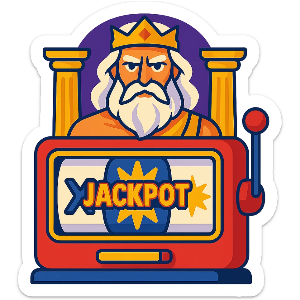 Slot machine emoji inspired by Gates of Olympus showing Zeus, ancient Greek pillars, and a glowing jackpot sticker