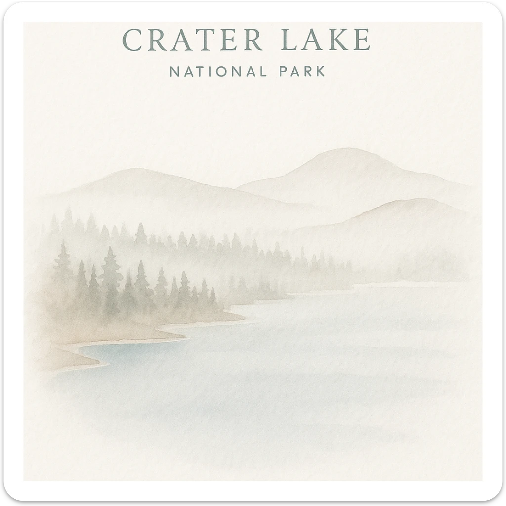 Crater Lake National Park, watercolor style, soft blue lake, misty pine forests, gentle mountains, tranquil atmosphere sticker