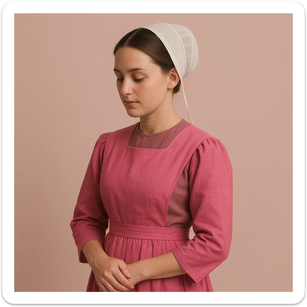 Amish woman in traditional dress, pink color scheme, simple background sticker