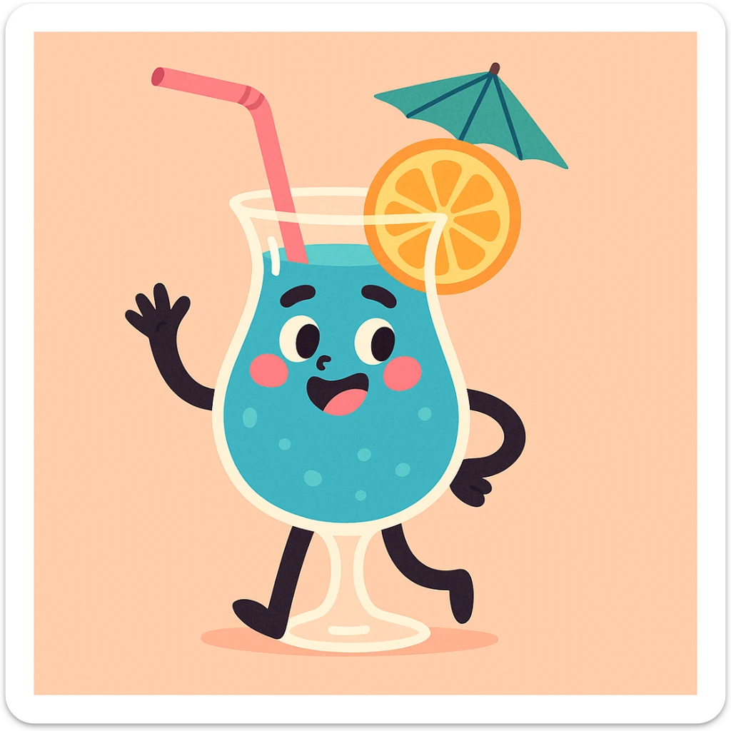 blue curaçao tropical cocktail in a hurricane glass, flat vector illustration sticker