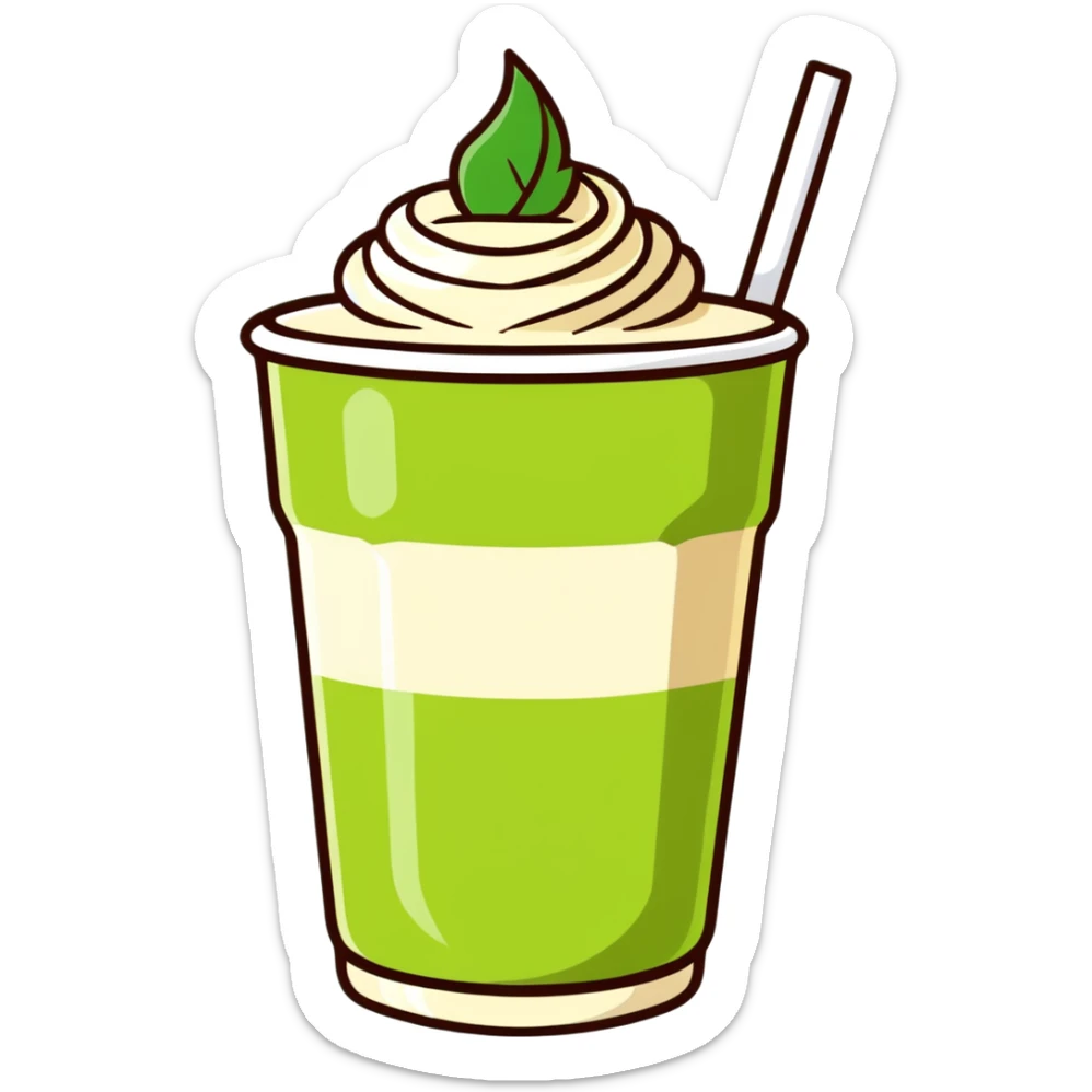 matcha latte in warm olive-brown tones with leaf detail, soft dreamy illustration sticker