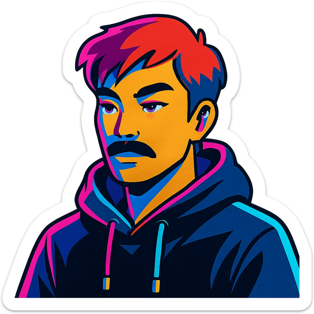 Asian man with black mustache, red hair, black hoodie, in vibrant neon-lit 80's cyberpunk anime style sticker
