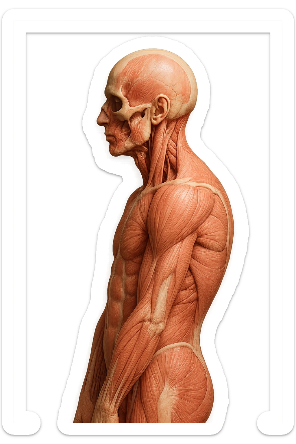 corpo UMANO ANATOMICO di profilo con spalle chiuse in avanti, postura errata, iperrealistico 4k sticker