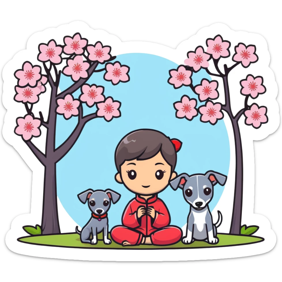 A young Chinese girl and a grey Italian Greyhound sitting under a cherry blossom tree sticker