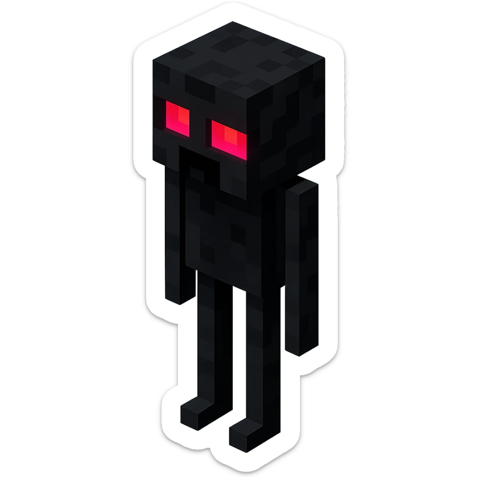 Minecraft Enderman, 3D blocky voxel style, tall and black with purple eyes, facing forward, horror style, menacing and scary expression with glowing red eyes sticker