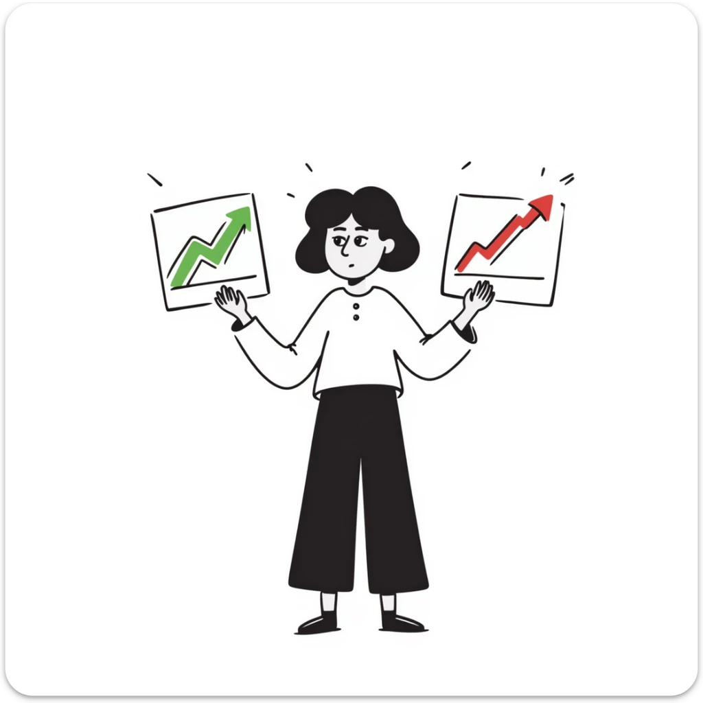 Girl holding chart with rising green graph line in right hand and holding another chart with falling red graph line in left hand sticker