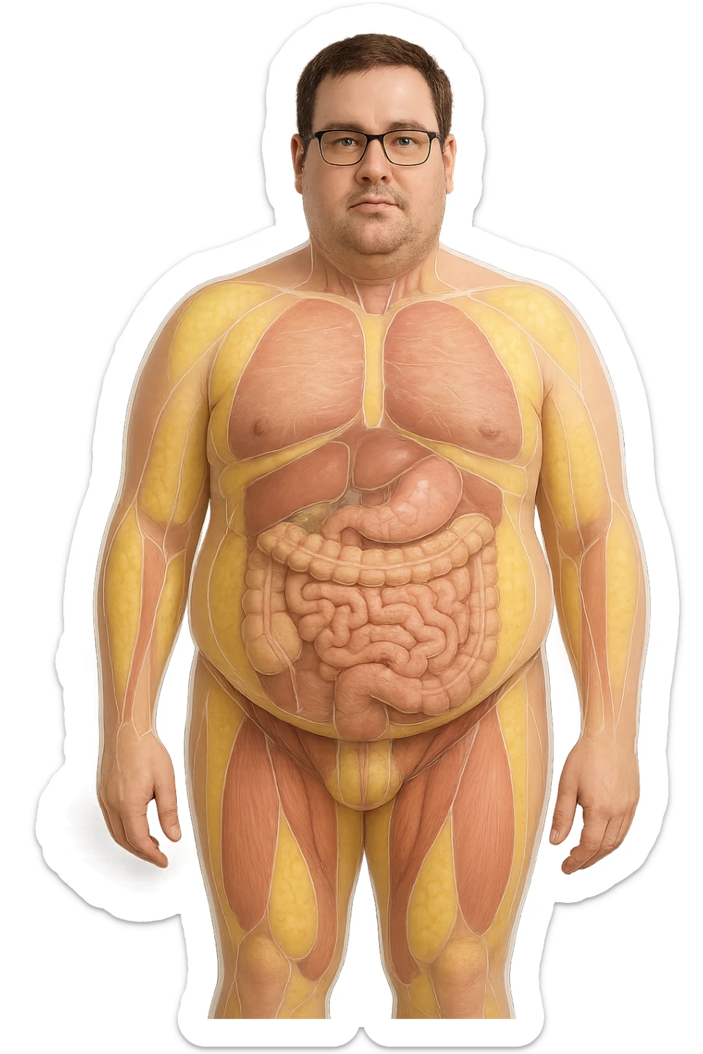 an adult man with a visibly overweight physique stands in a clinical setting. Semi-transparent overlays highlight areas of fat accumulation, especially around the abdomen, chest, and thighs. The fat tissue is shown in yellow, contrasting with underlying muscles and organs. The background is clean and modern, emphasizing the educational aspect. sticker