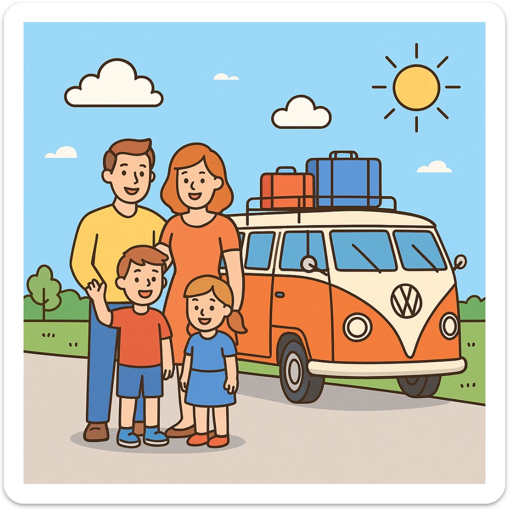 color vector art with thin outline of family on road trip with volkwagon van  sticker