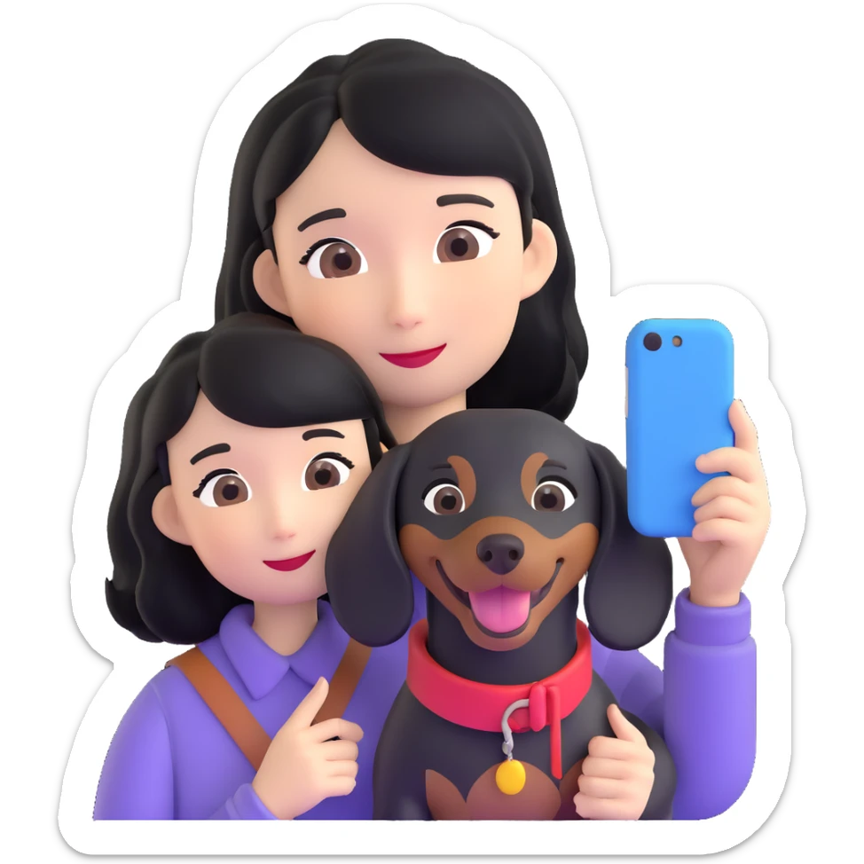 black hair asian girl taking selfie with black dachshund sticker