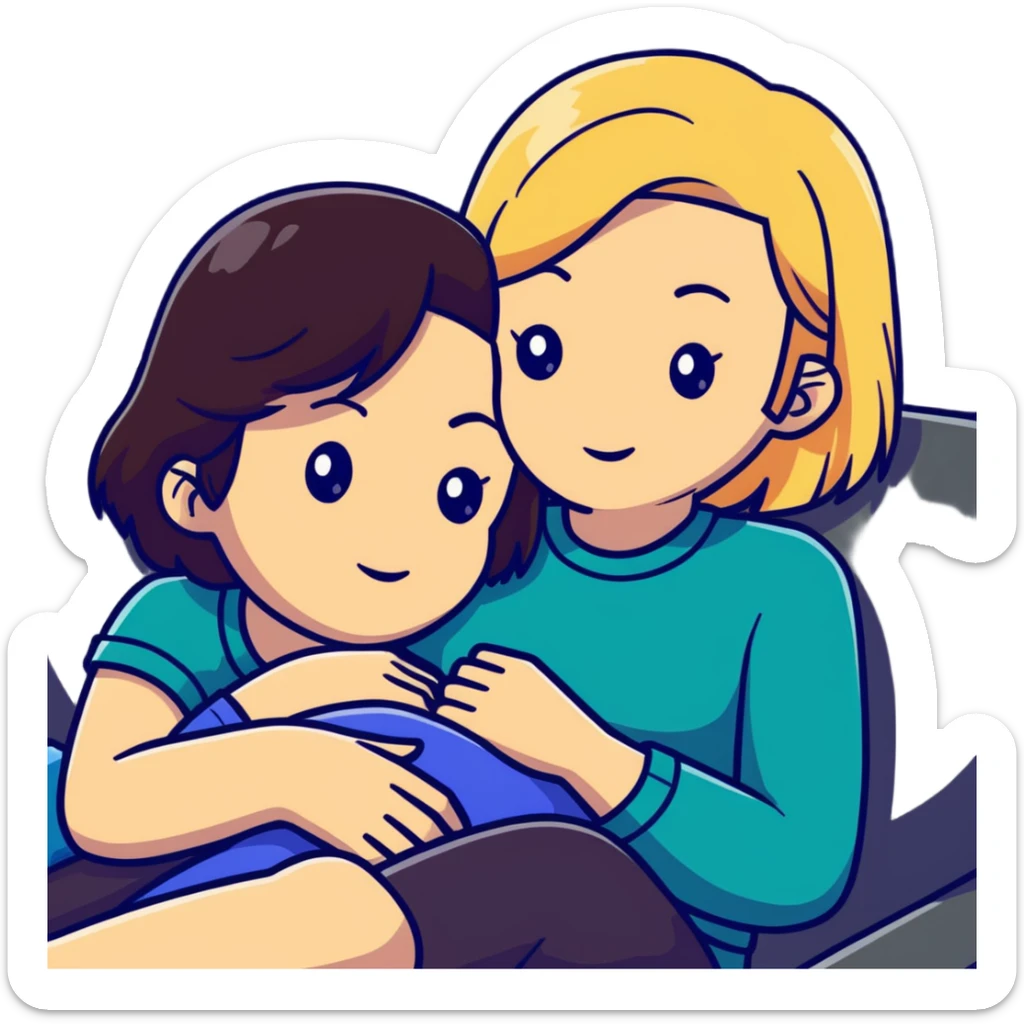 Short haired brunette woman laying on the lap of a long blonde haired woman sticker