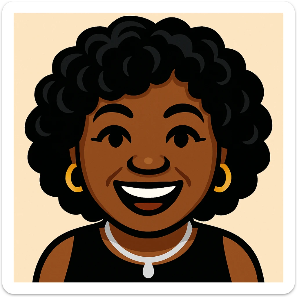 Create an emoji of this lady using a color palette of black, silver, gold, and white. Capture her joyful expression and hairstyle. Outfit and accessories should use only these colors, in a vibrant toon style. sticker