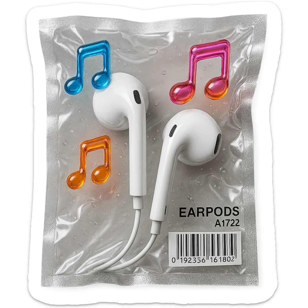 pair of white EarPods with three floating glass music notes in neon colors, shiny and puffy sticker