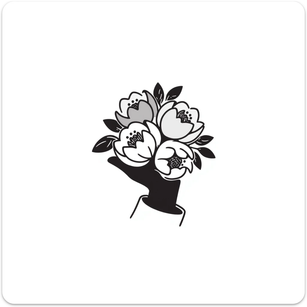 a bouquet of peonies with lush petals and leaves, held in a hand, in pastel colors dd9fb0 ffc6d3 a3bfc9 c4bee2 f1b091 sticker