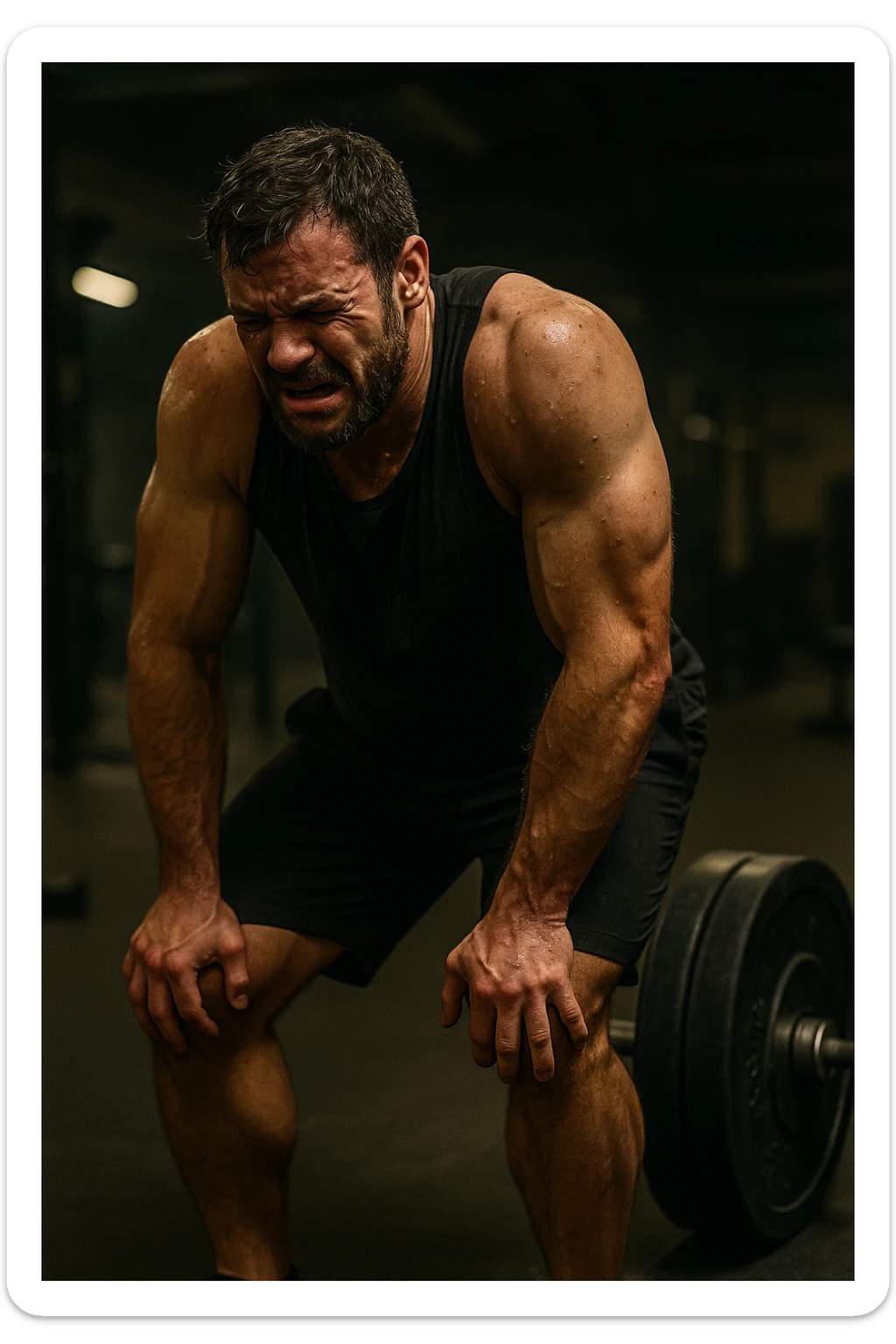 Uomo in palestra durante un allenamento, piegato su sé stesso con le mani sulle ginocchia, sudato, visibilmente esausto. Ha un'espressione di frustrazione e affaticamento estremo. Pesi pesanti accanto a lui, atmosfera intensa, luci soffuse. Il corpo mostra segni di sforzo eccessivo e accumulo di fatica. in italiano sticker